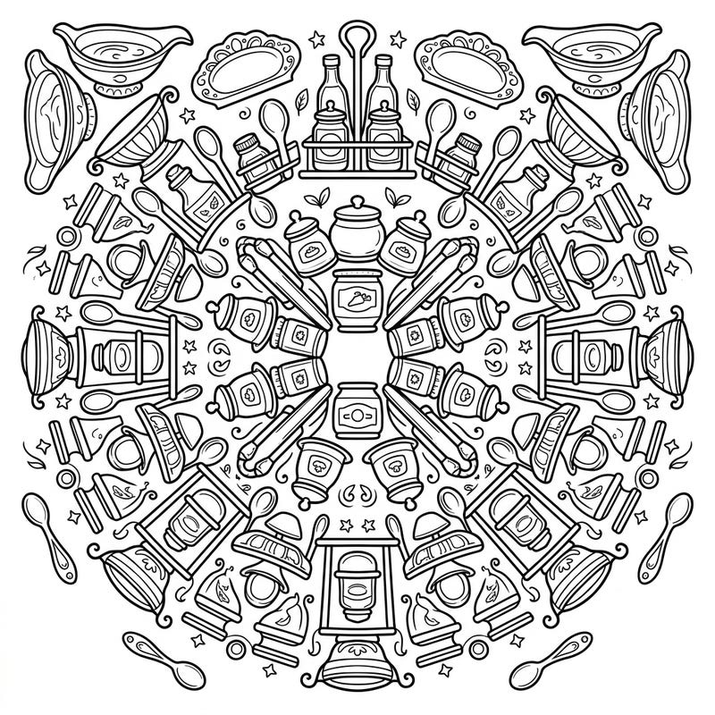 Dive into a unique culinary coloring adventure with this intricate condiment holders mandala. This symmetrical design features beautifully arranged sauceboats, jars, and spice racks, offering a relaxing and detailed coloring experience for all food enthusiasts.