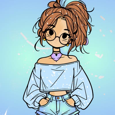 girl with a messy ponytail glasses a baggy crop top and jean shorts