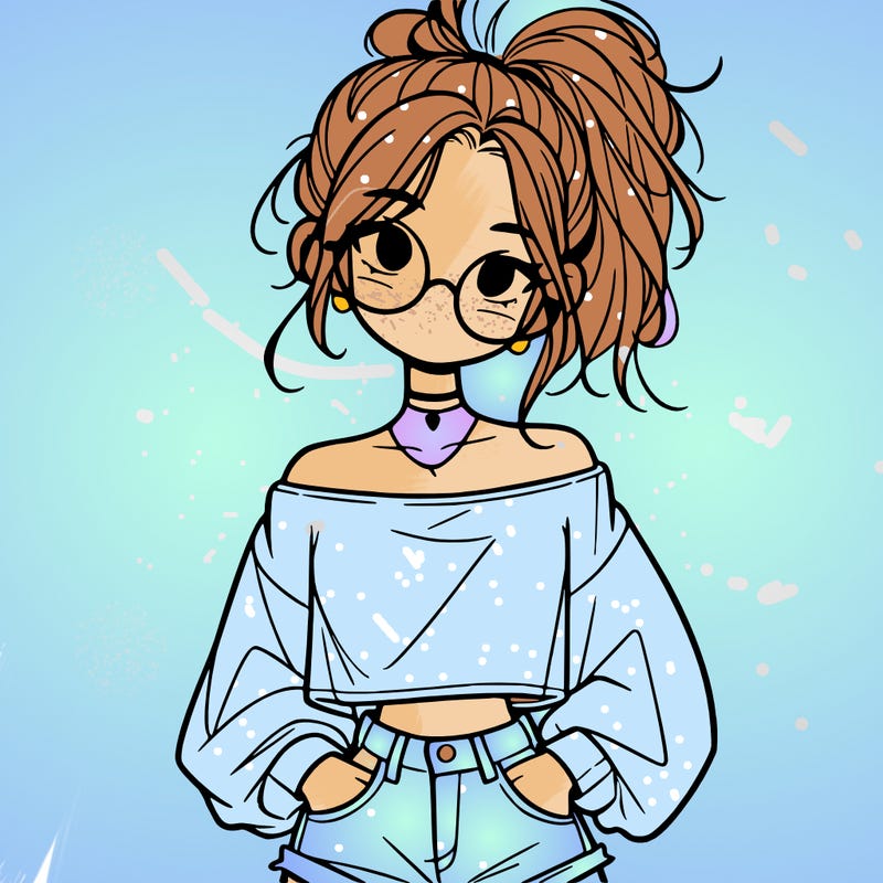 girl with a messy ponytail glasses a baggy crop top and jean shorts