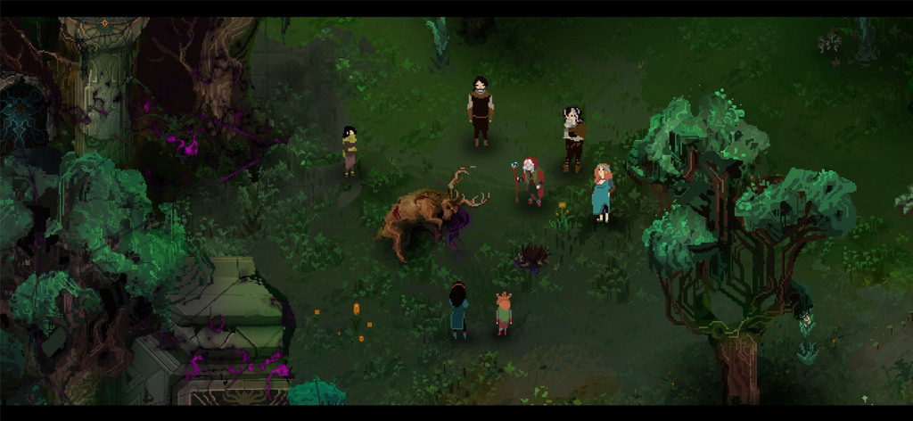 Children of Morta - Un groupe de personnages en pixel art de la famille Bergson se tenant dans une forêt luxuriante près d'un cerf blessé