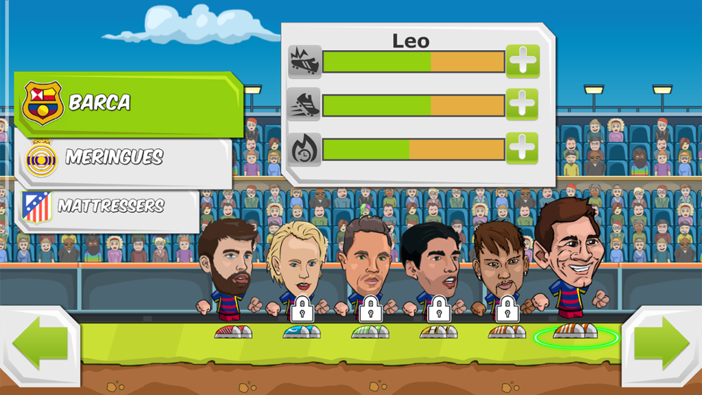 Character selection screen in Y8 Football League showing cartoon soccer players with big heads and team statistics