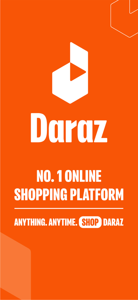 Daraz online shopping app introductory screen with logo and number one platform slogan on orange background