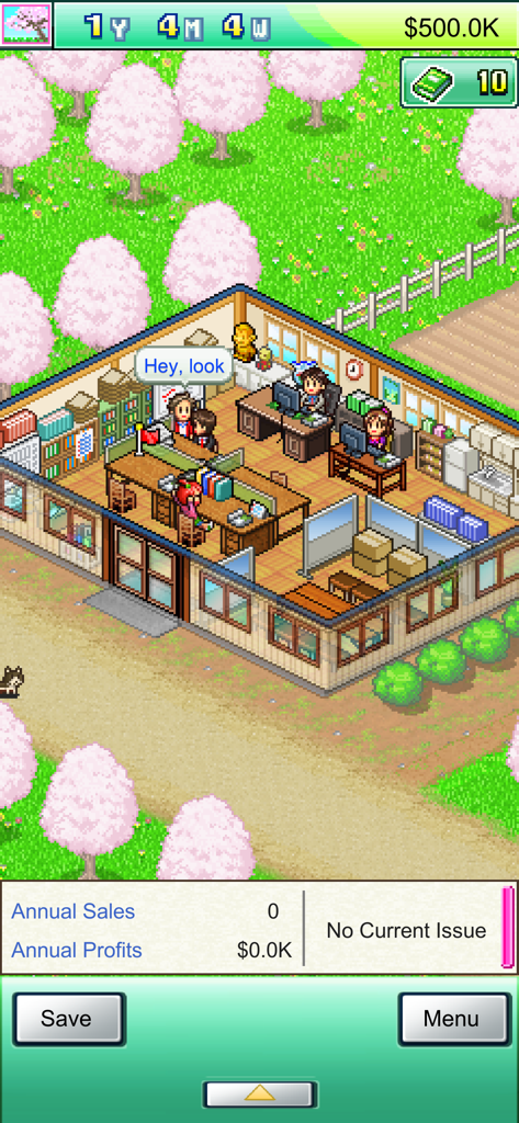 A retro pixel art office interior with staff working at desks surrounded by pink cherry blossom trees in Magazine Mogul.