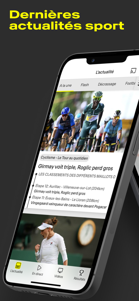 RTS Sport: Live et Actualité - RTS Sport mobile app showing the latest news feed with articles about cycling and tennis