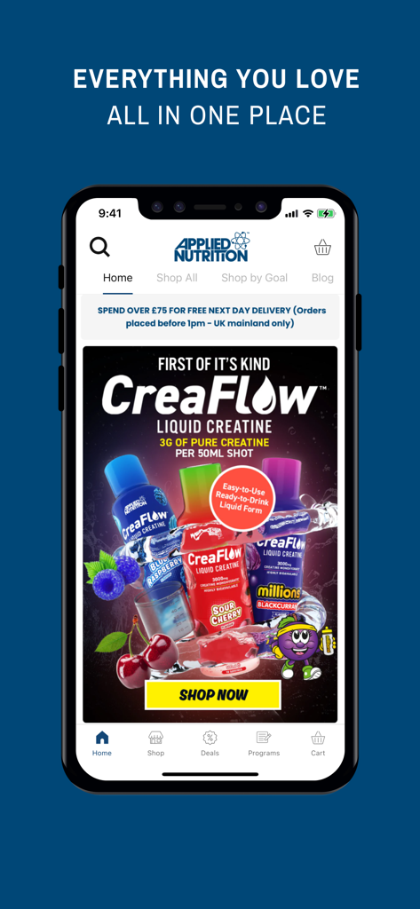 Tela inicial do aplicativo móvel Applied Nutrition com um banner promocional para a creatina líquida CreaFlow.