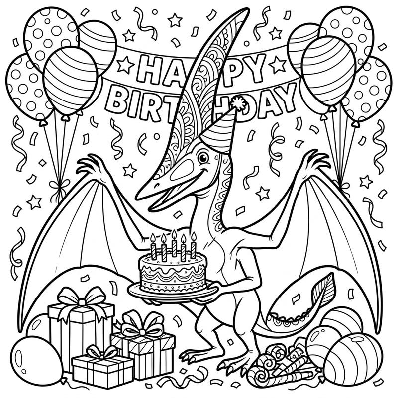 Join a magnificent Thalassodromeus as it celebrates its birthday in style, surrounded by festive decorations and presents. This unique coloring page offers a blend of prehistoric wonder and party joy, perfect for dinosaur enthusiasts of all ages.