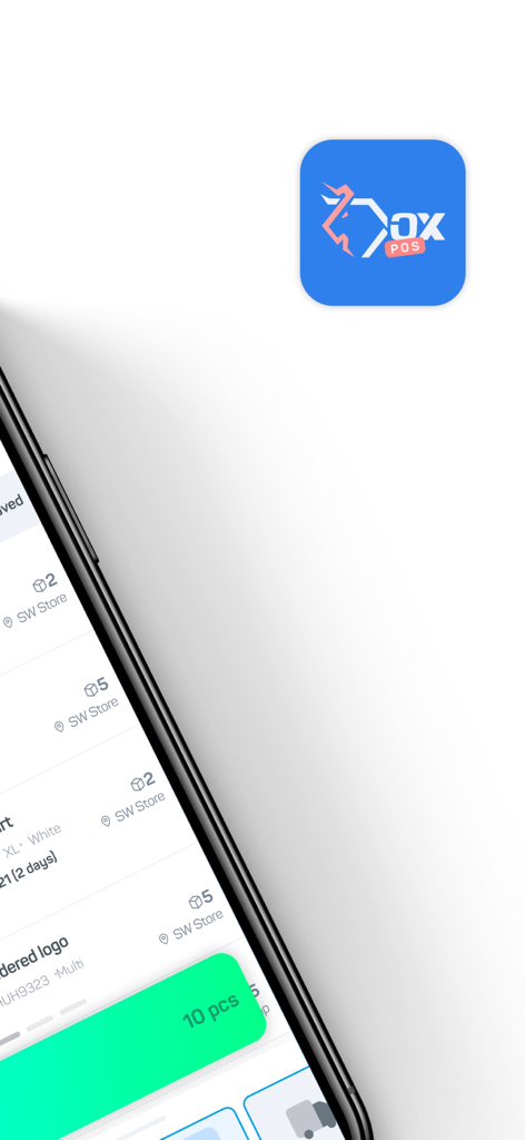 OX POS - A mobile phone showing the OX POS app interface for tracking store inventory.