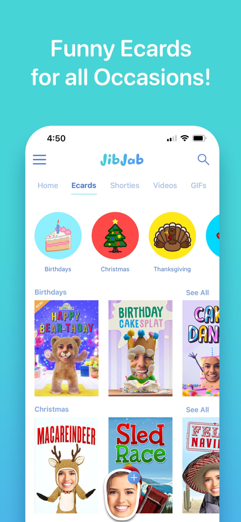 JibJab app interface showing personalized funny ecards for birthdays and holidays with face swap features