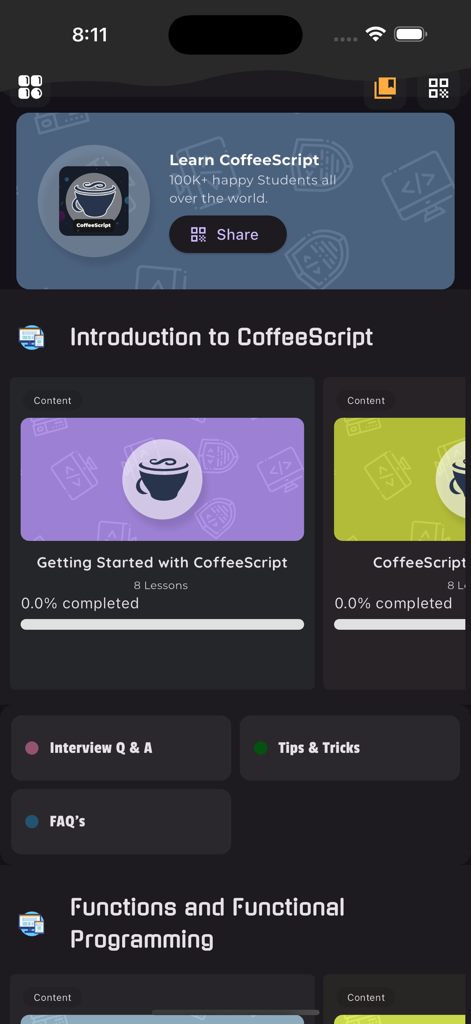 Learn CoffeeScript - Dashboard of the Learn CoffeeScript app showing programming lessons and interview questions