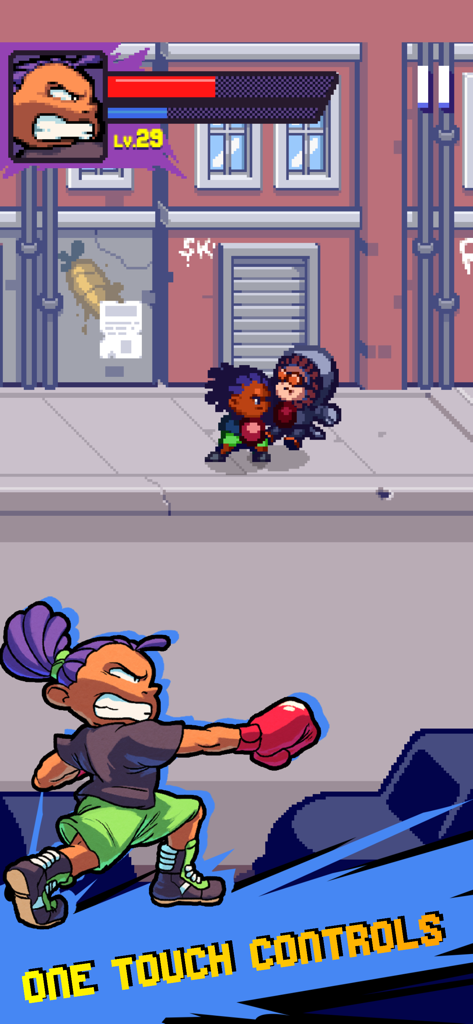 Beat Street mobile game screenshot featuring pixel art combat and one touch controls text