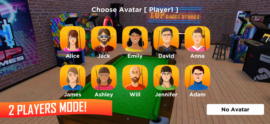 8 Ball Pool & Snooker Billiard - Character selection screen for 2 player mode in 8 Ball Pool and Snooker Billiard showing multiple player avatars