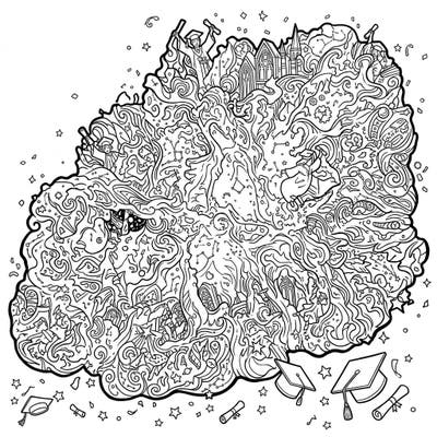 Embark on a stellar coloring journey with our unique Crab Nebula Graduation design, blending cosmic wonder with academic achievement. This intricate page features graduates, diplomas, and celestial swirls, perfect for celebrating milestones.