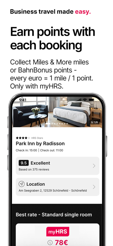 HRS: Find and book hotels - Uno smartphone che mostra l'interfaccia dell'app HRS per prenotare un hotel Park Inn e guadagnare punti fedeltà