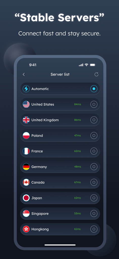 Interfaz de Buck VPN que muestra una lista de servidores globales estables con velocidades de conexión