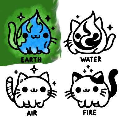 4 cats that represent the different elements, earth, water, air, and fire
