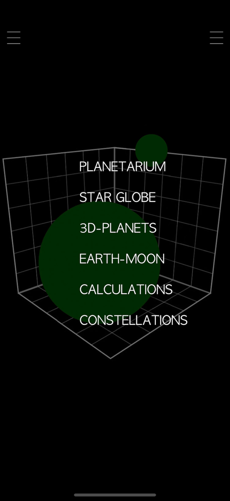 Pantalla del menú principal de la aplicación Astronomía 3D mostrando opciones de navegación como Planetario y Globo Estelar