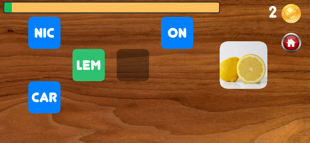 Writing with syllables - Pantalla de juego educativo que muestra la palabra limón escrita con bloques de sílabas sobre un fondo de madera.