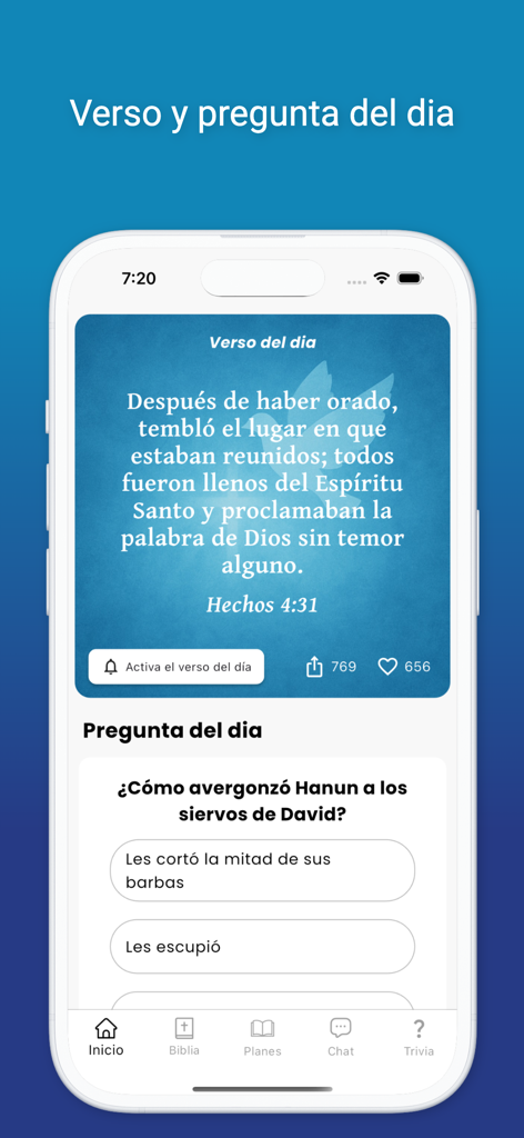 La Biblia Reina Valera 1960 IA - L'écran d'accueil de l'application Bible Reina Valera 1960 présentant un verset du jour et une question de trivia