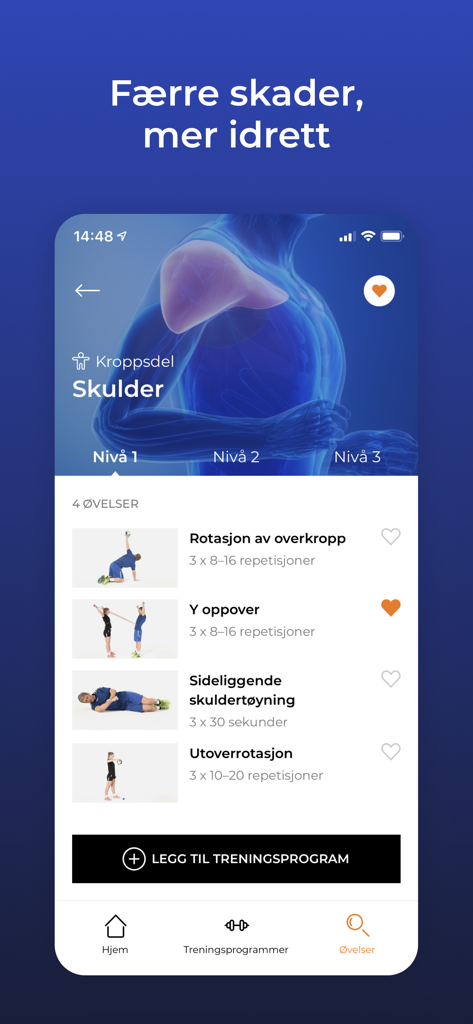 Skadefri - A screenshot of the Skadefri app showing a list of shoulder injury prevention exercises with anatomical diagrams and exercise videos.