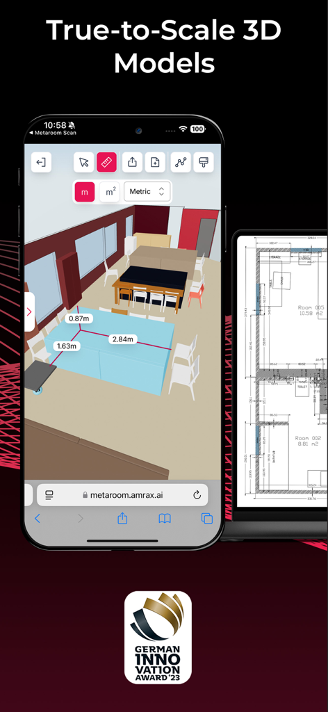Metaroom app showing a true-to-scale 3D room model with measurements and a detailed 2D floor plan.