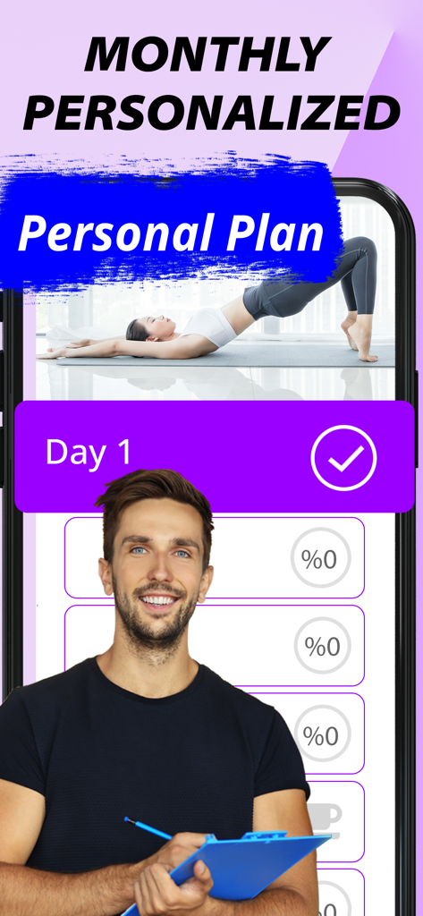 Home Workout-Fitness for Women - A smartphone screen showing a monthly personalized workout plan with a daily progress tracker and fitness trainer.