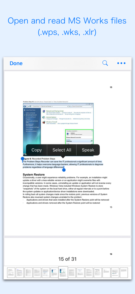 Interface of WPS Reader showing an open MS Works document with text selection and copy options