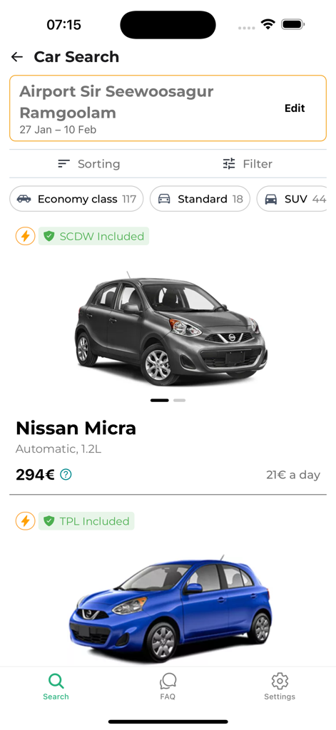 Localrent rent a car - Localrent 앱의 검색 결과 화면, 렌터카 옵션 표시