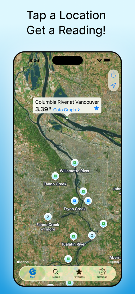 Rivercast app showing an interactive map with river level gauge readings for the Columbia and Willamette rivers.