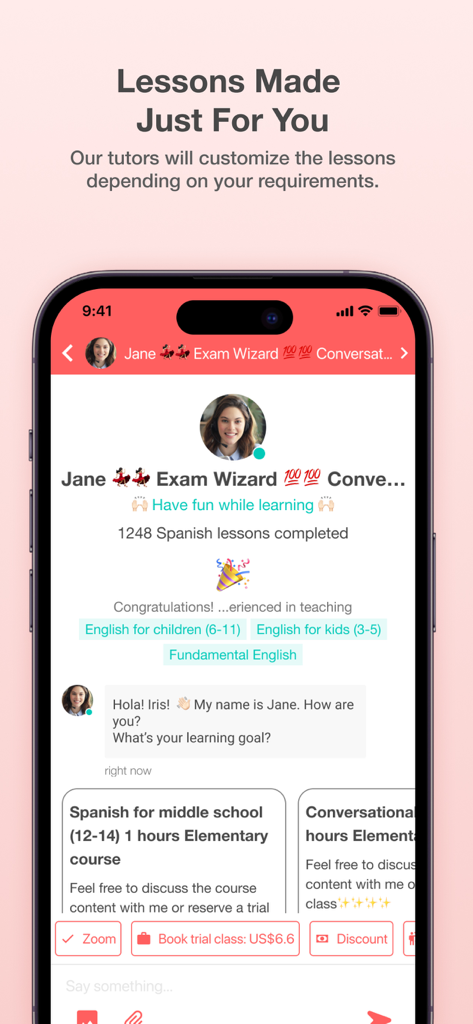 AmazingTalker: Learn Languages - Captura de tela do aplicativo AmazingTalker mostrando o perfil de um tutor profissional com opções de aulas de idiomas personalizadas e reserva de aulas experimentais