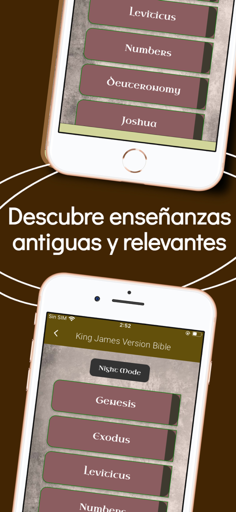 El Libro de Enoc y Biblia - Pantallas de la aplicación móvil mostrando la lista de libros de la Biblia King James Version con selecciones de Génesis, Éxodo y Levítico