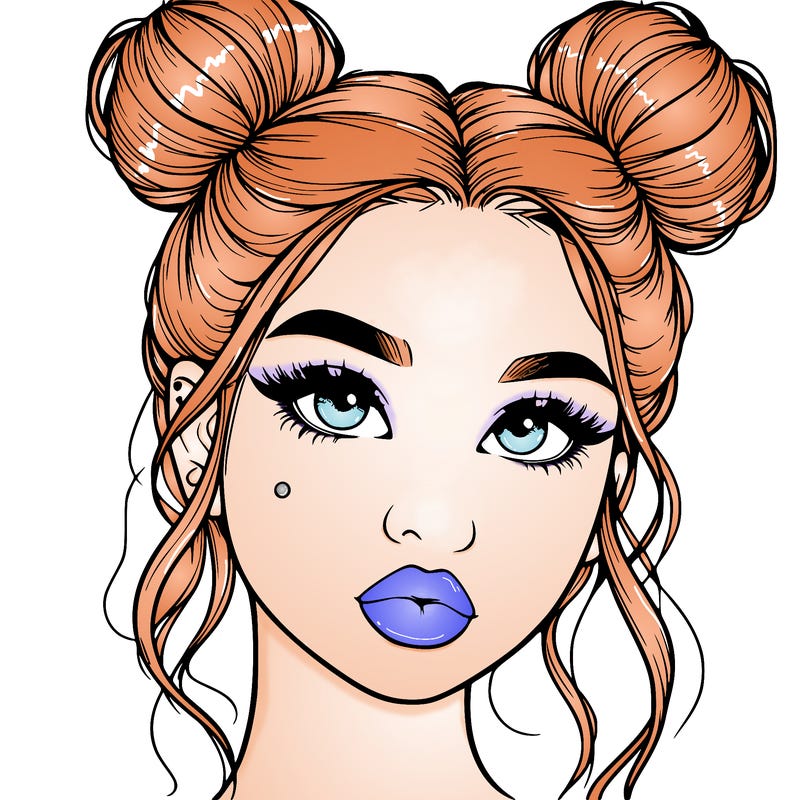 realistic girl with two buns on her hair and lips