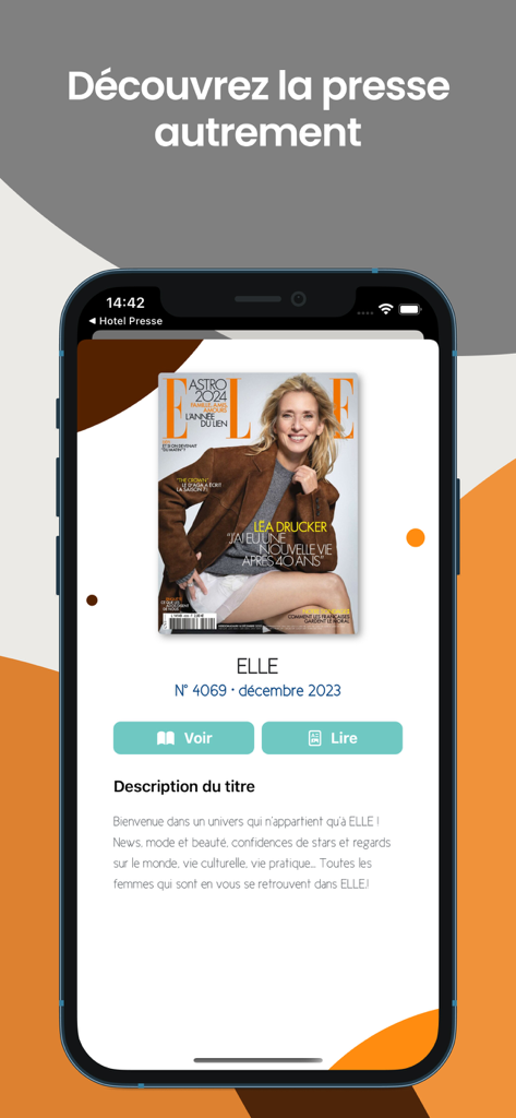 iPhone screen showing the Salon Presse app with the ELLE magazine cover and reading options