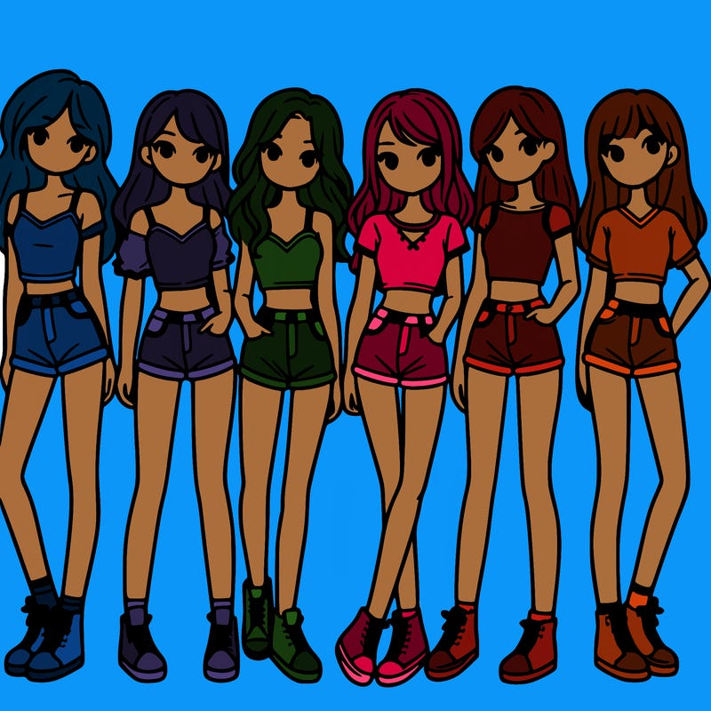 a group of girls wearing crop tops and shorts