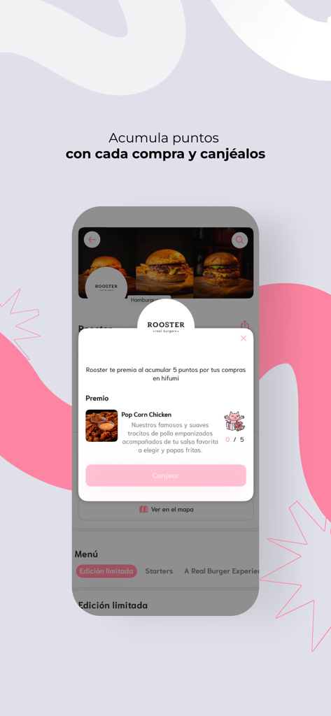 Hifumi app interface demonstrating how to earn and redeem points for food rewards
