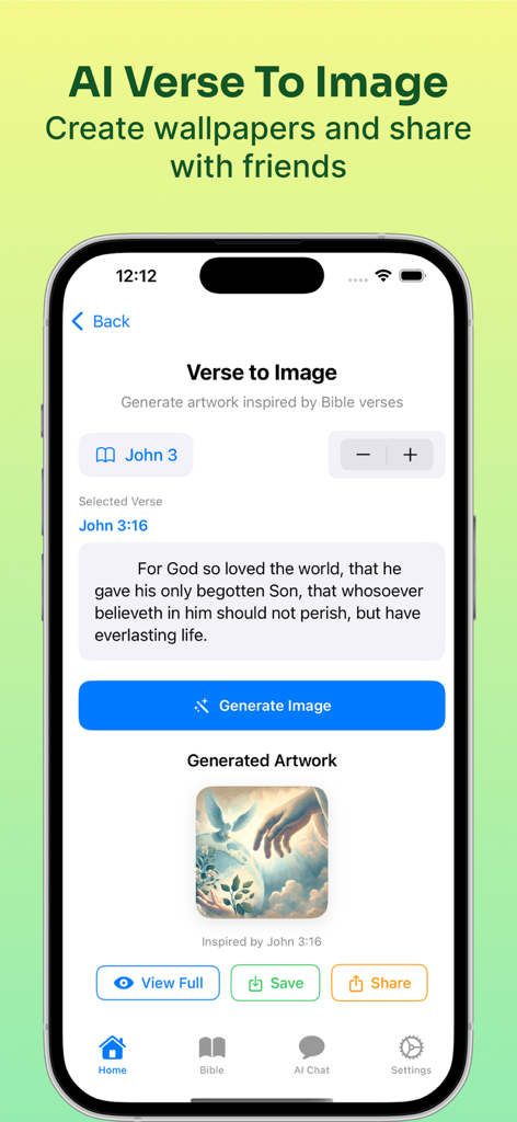 Bible Chat AI & Study Daily - Interface para gerar arte de IA inspirada em versículos bíblicos como João 3:16