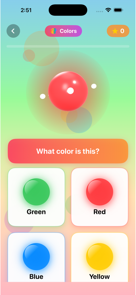 ABC Kids - Learn & Play - Educational color recognition game screen from ABC Kids app featuring a red sphere and multiple choice buttons for green red blue and yellow
