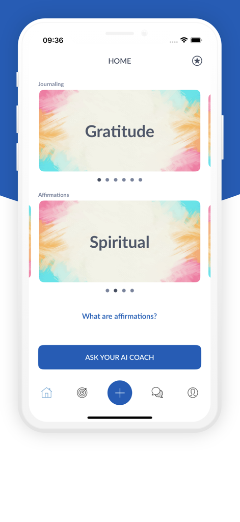 Achieve Me - Life Goals - Achieve Me app home screen showing gratitude journaling and spiritual affirmations options with an AI coach button