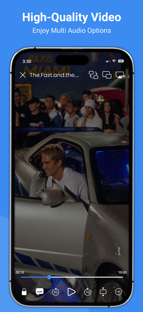 MX Video Player – All in One - Interface of the MX Video Player app on an iPhone showing a high-quality movie playing with audio and subtitle controls.