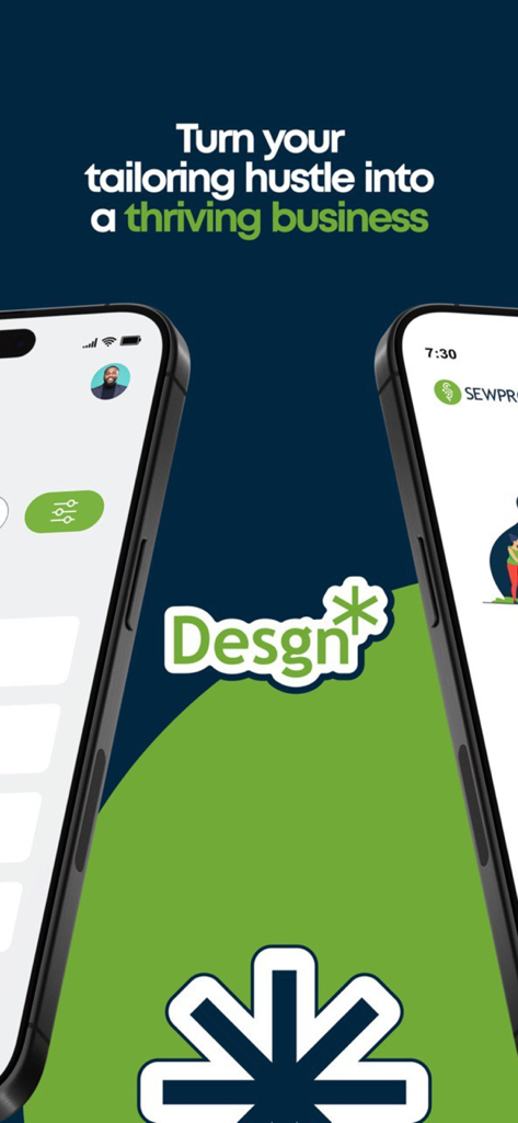 SewPRO - SewPRO app screenshot on two iPhones with the text Turn your tailoring hustle into a thriving business