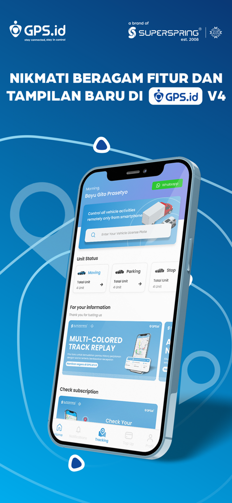 GPS.id by Super Spring - GPS.id app dashboard showing real-time vehicle status for moving, parking, and stopped units.
