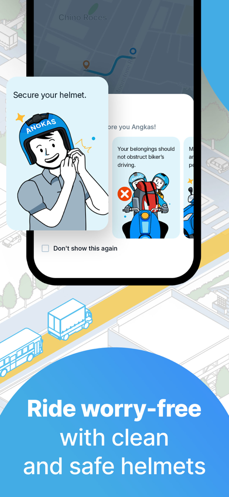 Angkas: Cheap Moto Taxi Rides - Pantalla de la aplicación móvil para Angkas mototaxi que muestra instrucciones de seguridad para el casco y características de limpieza