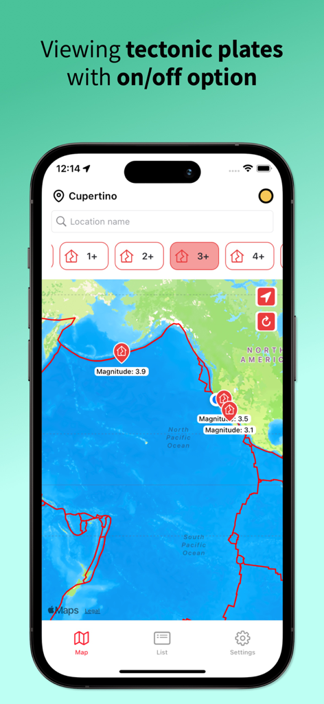 Earthquake Hub - Interface Earthquake Hub montrant les limites des plaques tectoniques et les marqueurs de séismes en temps réel sur une carte.