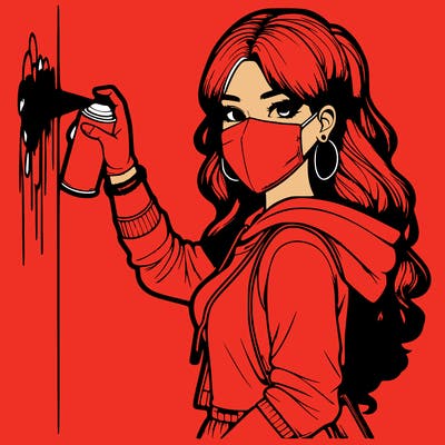 realistic girl with mask spray painting a wall