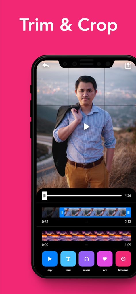 MovieMaker: Make Movies - iPhoneでビデオのトリミングとクロップ編集機能を表示しているMovieMakerアプリのインターフェース