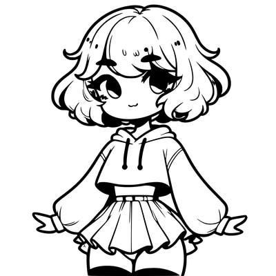 cute femboy with short, fluffy hair that softly frames their face, wearing a cropped hoodie, paired with a flouncy short skirt, and thigh-high stockings