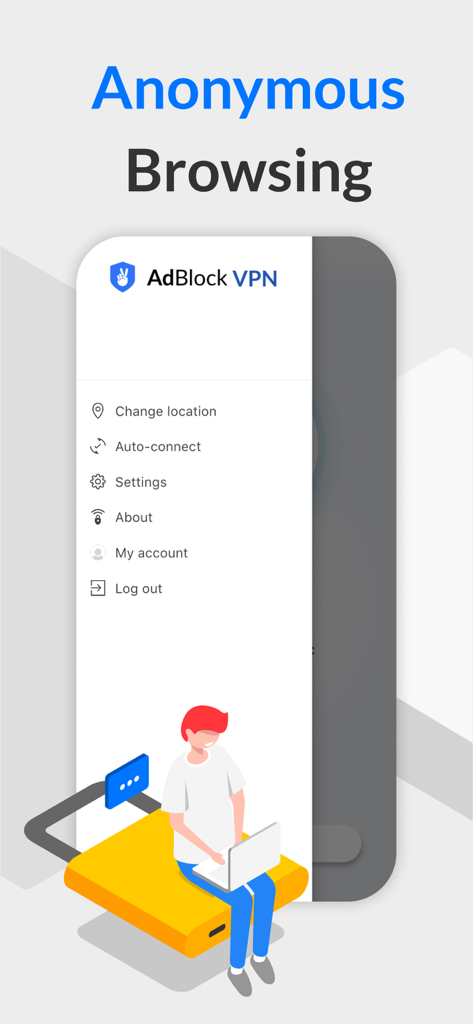 Interface de l'application AdBlock VPN montrant le menu et les paramètres de navigation anonyme