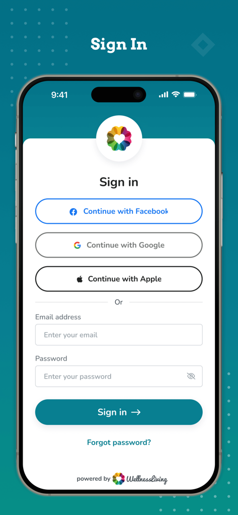 WellnessLiving Elevate - Sign in screen for WellnessLiving Elevate staff management app with social login and email options