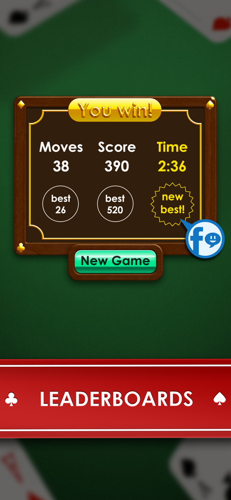 Spider Solitaire - Game - Pantalla de victoria en Spider Solitaire que muestra estadísticas del juego de movimientos, puntuación y tiempo.