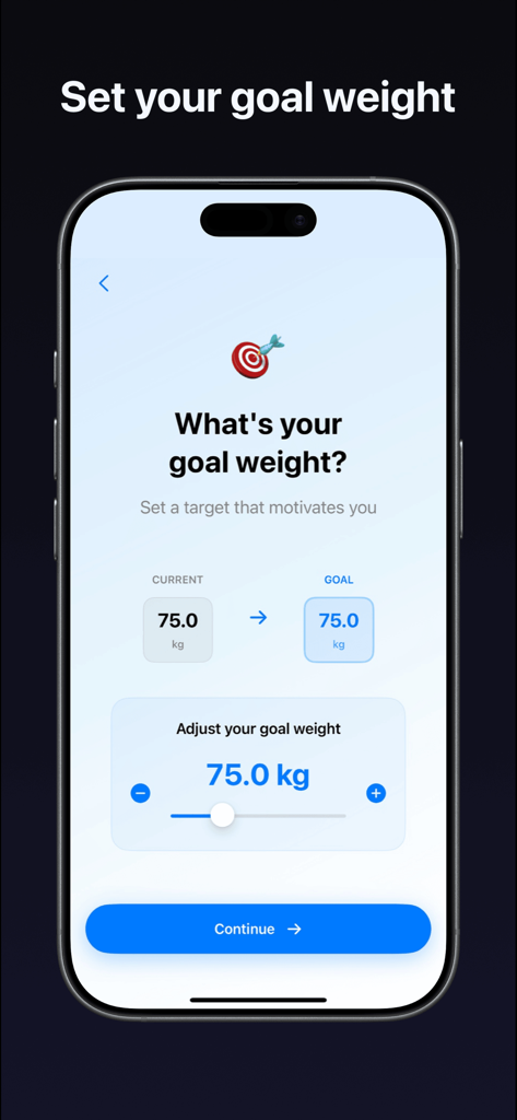Portio AI - Onboarding screen in the Portio AI app where users set their target weight goals.