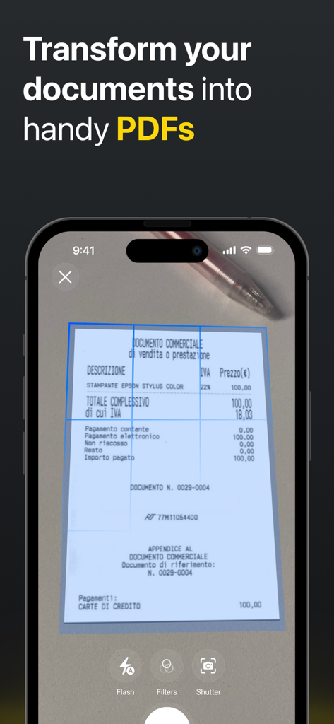 Clipboard PRO: Paste Anywhere - iPhone interface showing the document scanner feature in Clipboard PRO to create PDFs from physical receipts